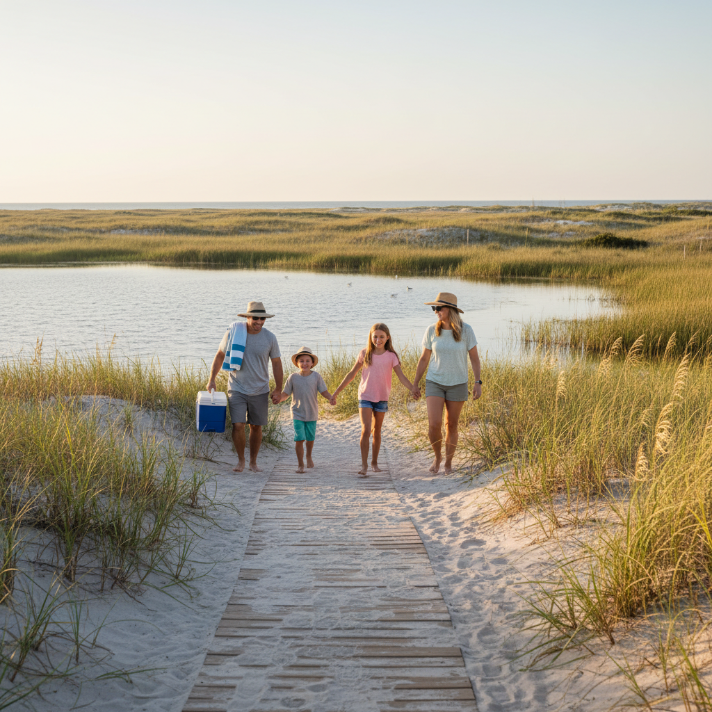 Family walking along a sandy boardwalk toward a calm coastal dune lake on Florida’s Gulf Coast, with dunes and sea oats in the background.