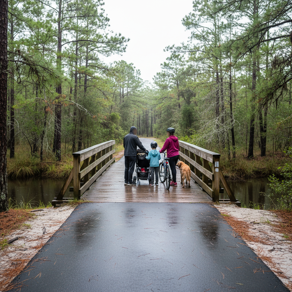 Family with bikes and a stroller pauses near a wet paved trail and wooden bridge after rain in the Florida Gulf Coast pine woods, with pine needles and sand along the edge.