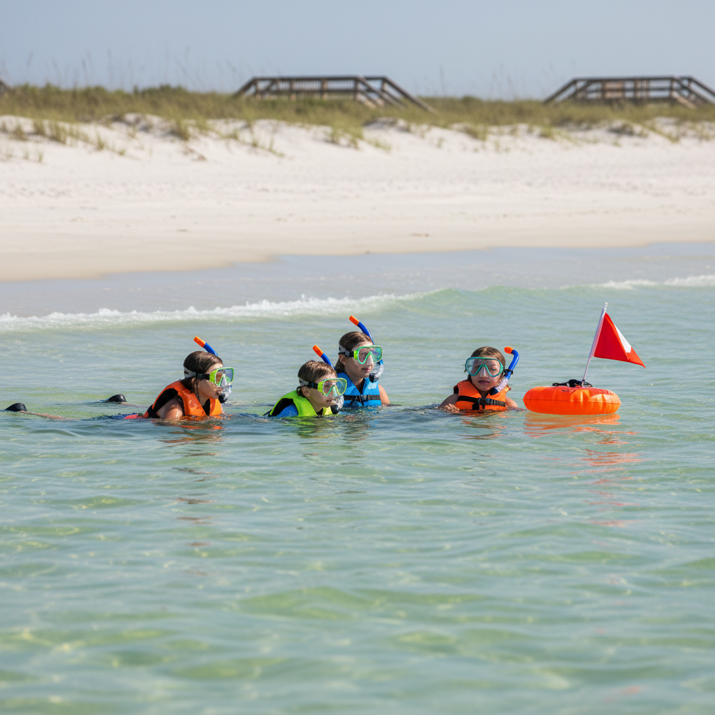 Family snorkeling near shore at Navarre Beach, Florida with bright vests and a dive flag float while reorienting to find their exit point