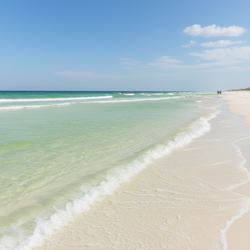 Navarre Beach shoreline showing milky green surf from stirred sand fading into clearer turquoise Gulf water under sunny skies