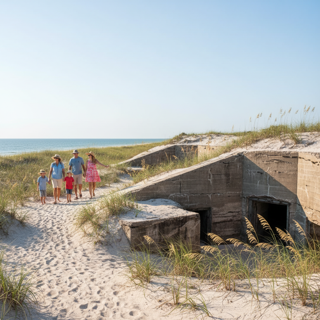 Family walking near sand-covered concrete coastal defense ruins on Florida’s Gulf Coast near Navarre under a sunny sky