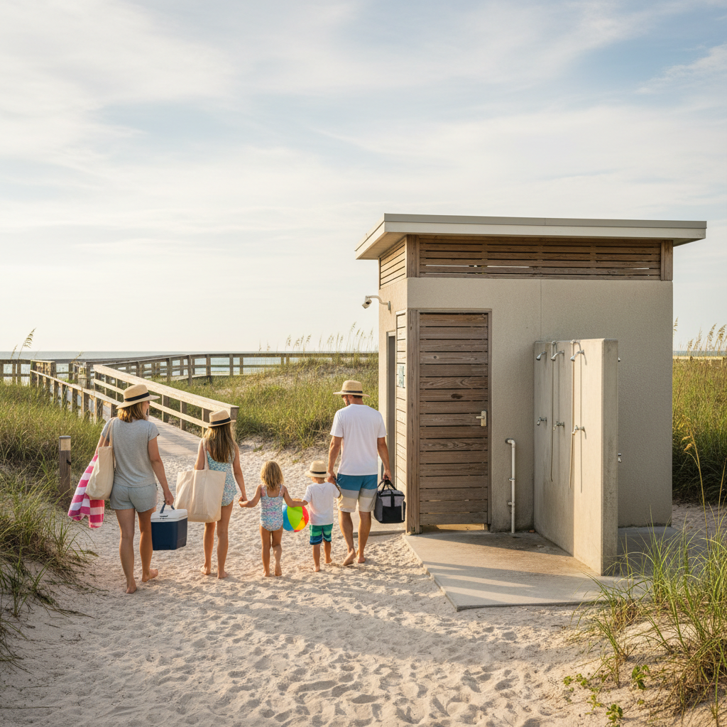 Family walking toward a clean public restroom and rinse shower near a Navarre, Florida beach access path with dunes in the background