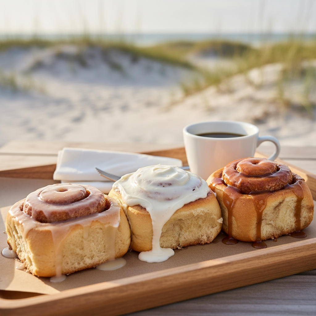 Assorted cinnamon rolls with vanilla glaze, cream cheese frosting, and maple-caramel drizzle beside a cup of coffee in soft morning light on Florida’s Gulf Coast