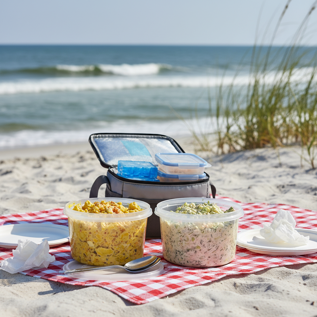 Two deli containers of potato salad on a beach picnic blanket in Navarre, Florida, showing mustardy Southern and creamy picnic styles beside an open cooler.