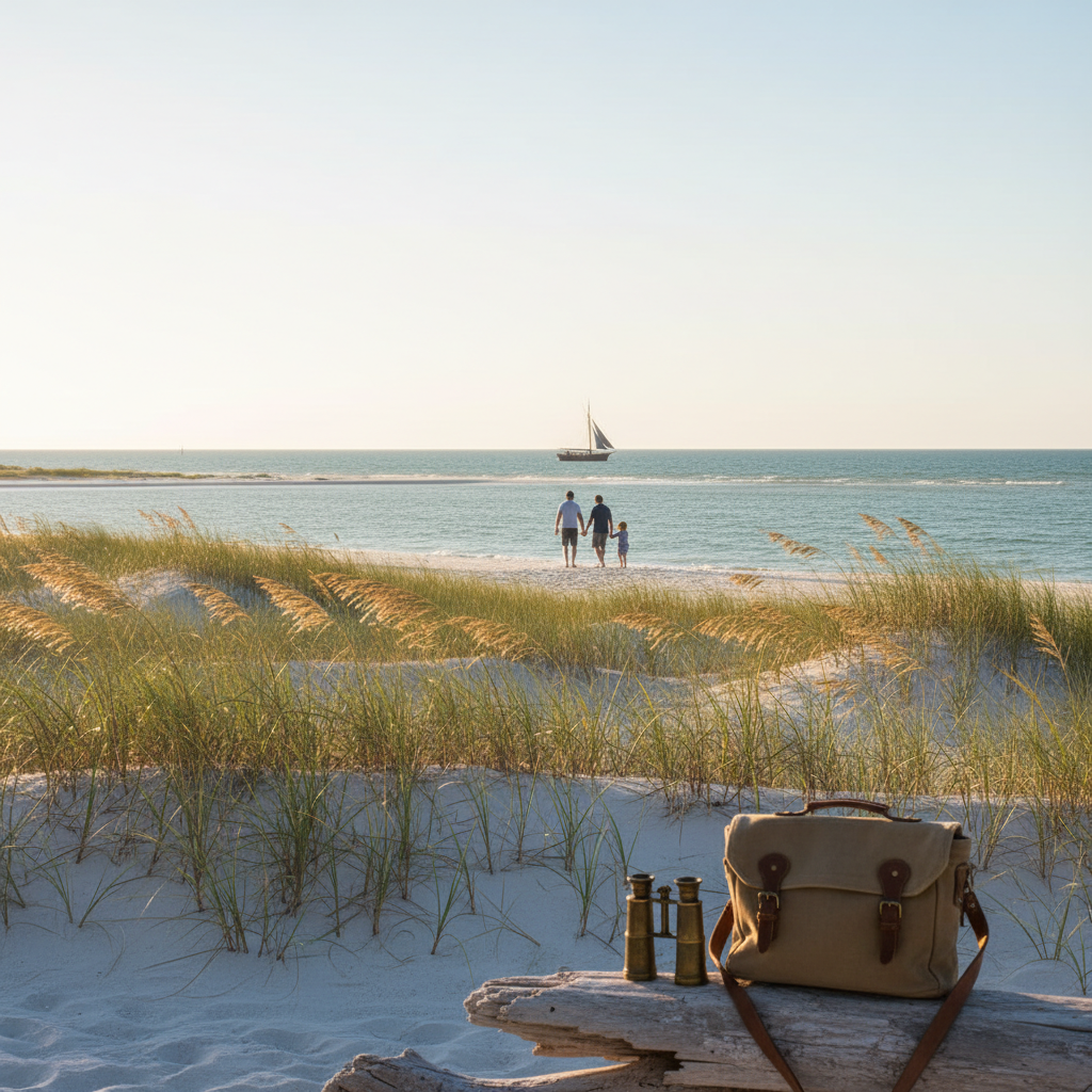 Family walking along a sunny barrier-island shoreline near Navarre, Florida, with dunes, sea oats, and a distant inlet on the Gulf Coast
