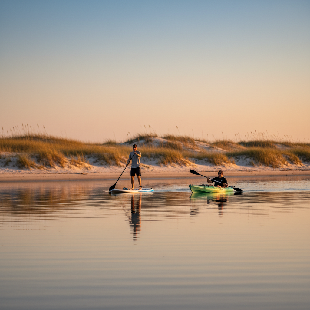 Kayaker and stand-up paddleboarder glide on calm, glassy water near a protected shoreline at sunset in Navarre, Florida.