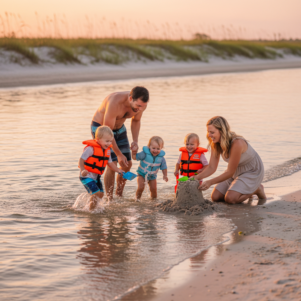 Family wading in calm shallow Santa Rosa Sound water near Navarre, Florida, with a child in a life jacket and sandy bottom visibility