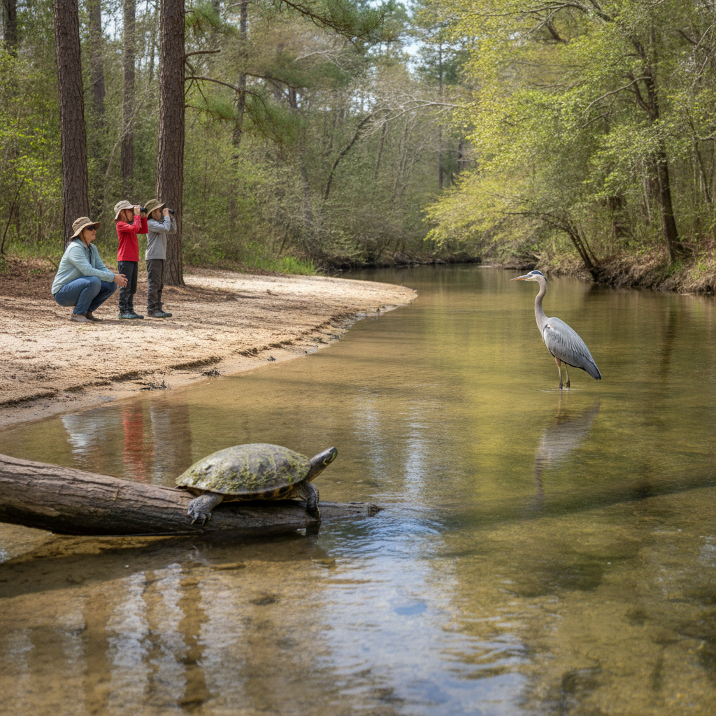 Family watches a basking turtle and a great blue heron along a clear, spring-fed creek bend near Navarre, Florida, using binoculars from a quiet sandy shoreline.