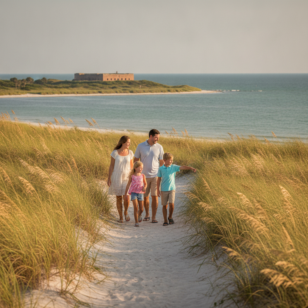 Family walking toward a historic coastal fort on a bluff overlooking a calm bay inlet near Navarre, Florida