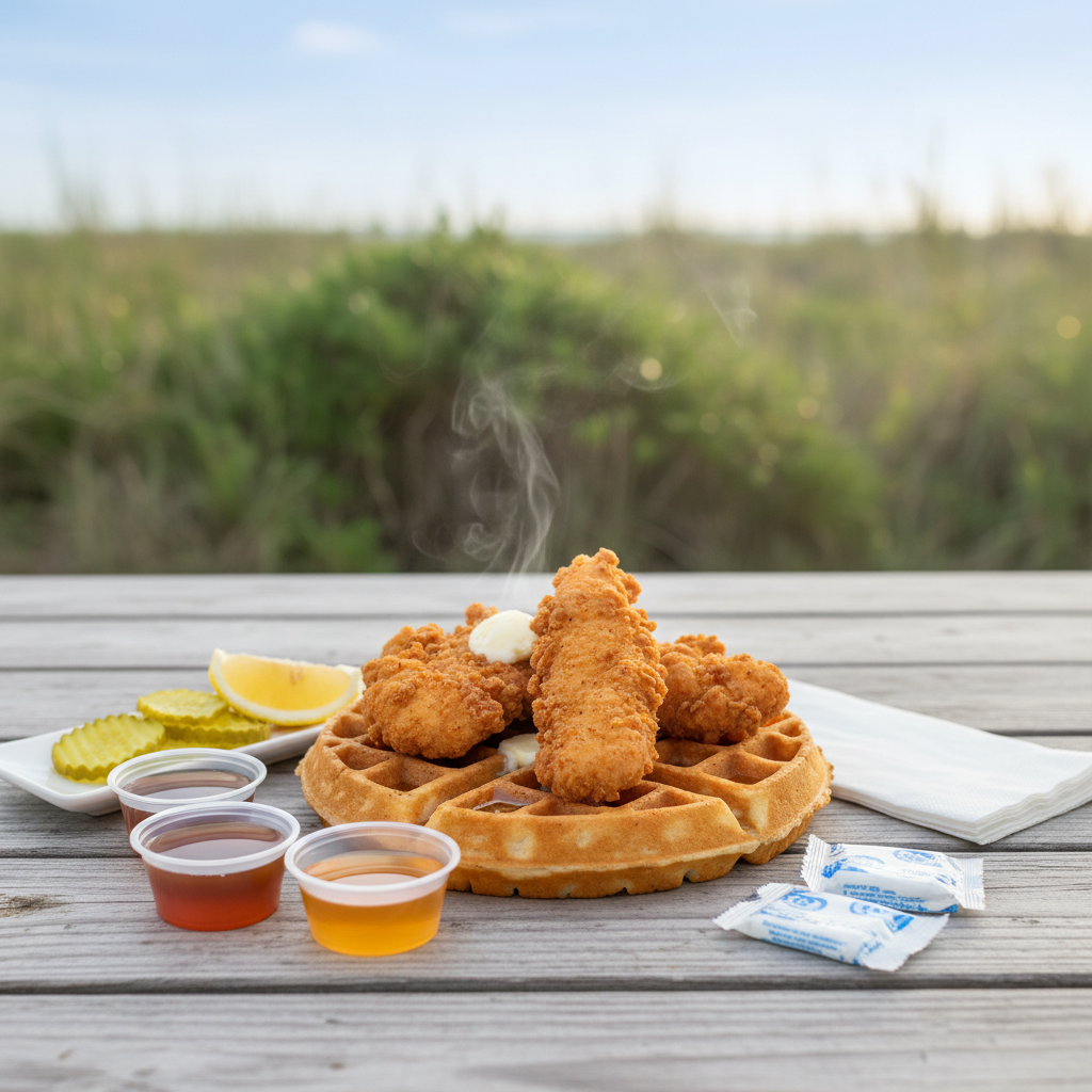 Coastal-style chicken and waffles on an outdoor picnic table near Navarre, Florida, with syrup and honey on the side, a small cup of hot sauce, butter, lemon wedge, and pickle slices.
