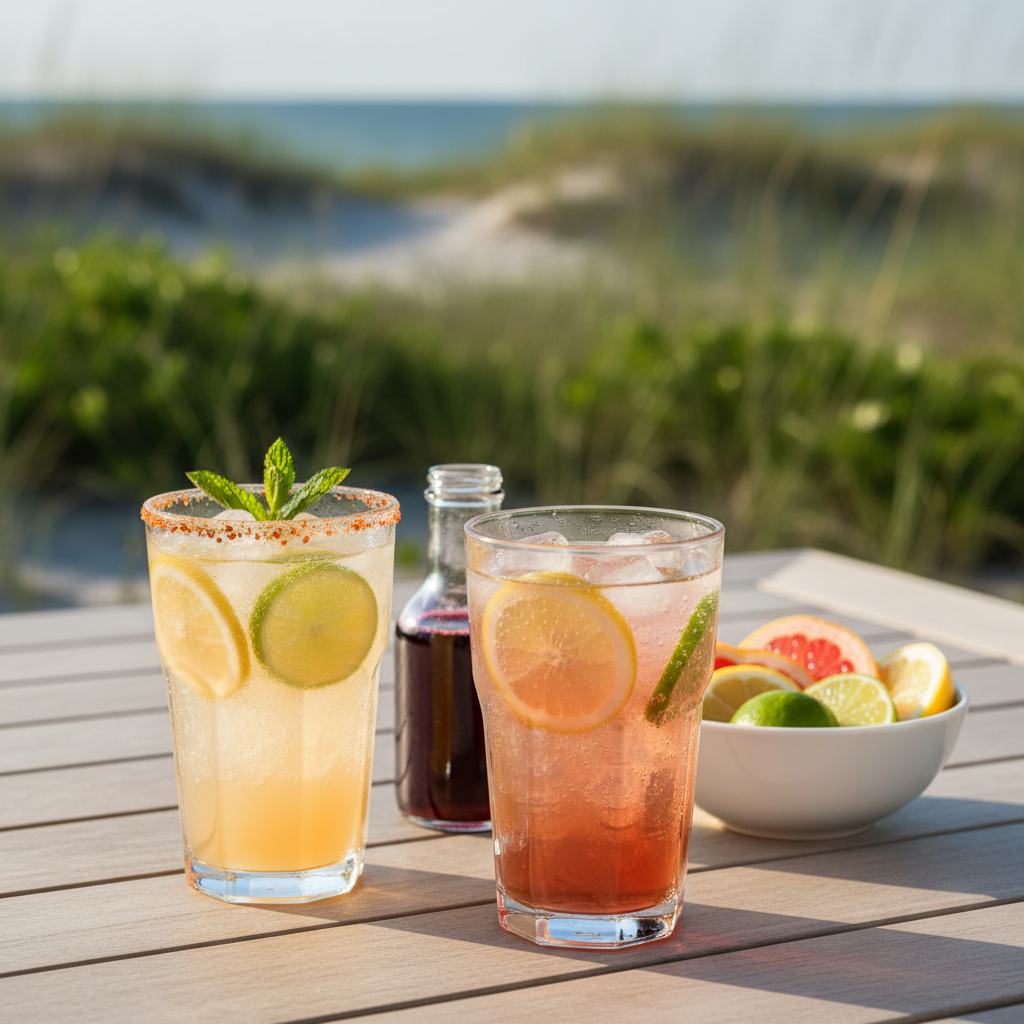 Two sparkling citrus mocktails with mint, ice, and a chili-lime rim beside a bottle of hibiscus syrup on an outdoor table with a soft coastal background in Navarre, Florida.