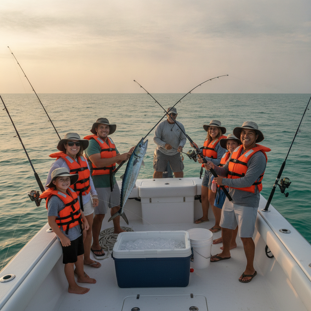 Family anglers on a Navarre, Florida fishing charter reel in a king mackerel at sunrise with trolling rods and an ice-filled cooler on deck.