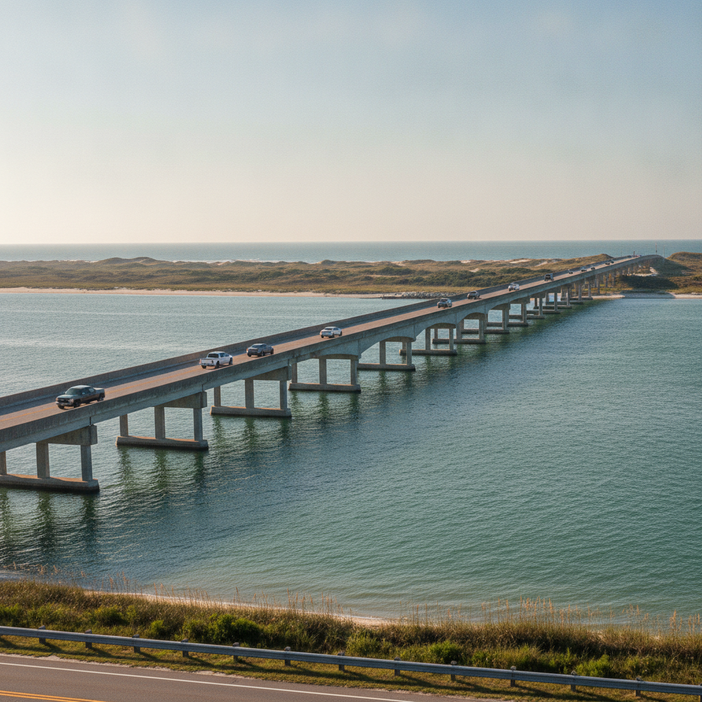 Coastal bridge crossing over calm sound waters near Navarre, Florida at golden hour with cars and marsh shoreline in view