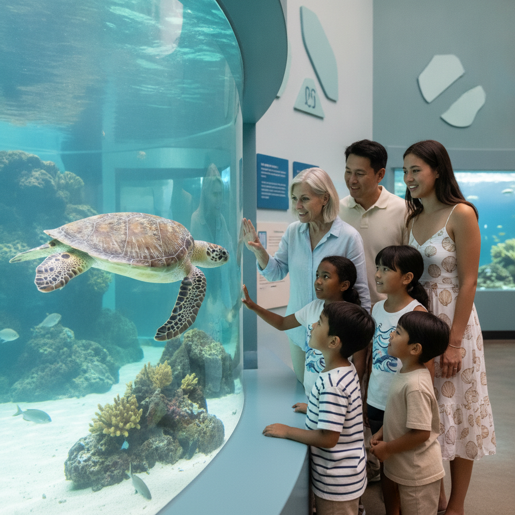 Family viewing a green sea turtle in a large indoor aquarium at a conservation education center in Navarre, Florida