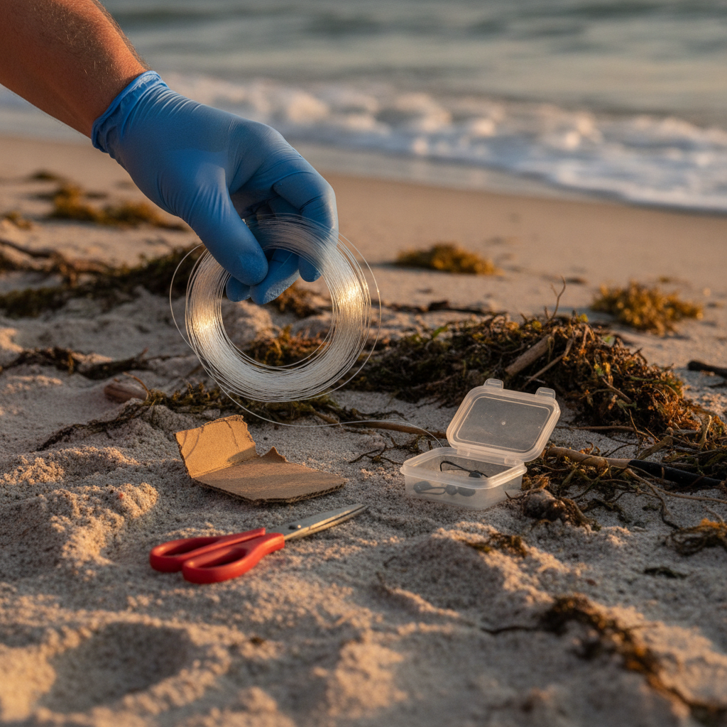 Gloved hand bundling clear fishing line on a Navarre Beach shoreline with hook safely contained nearby