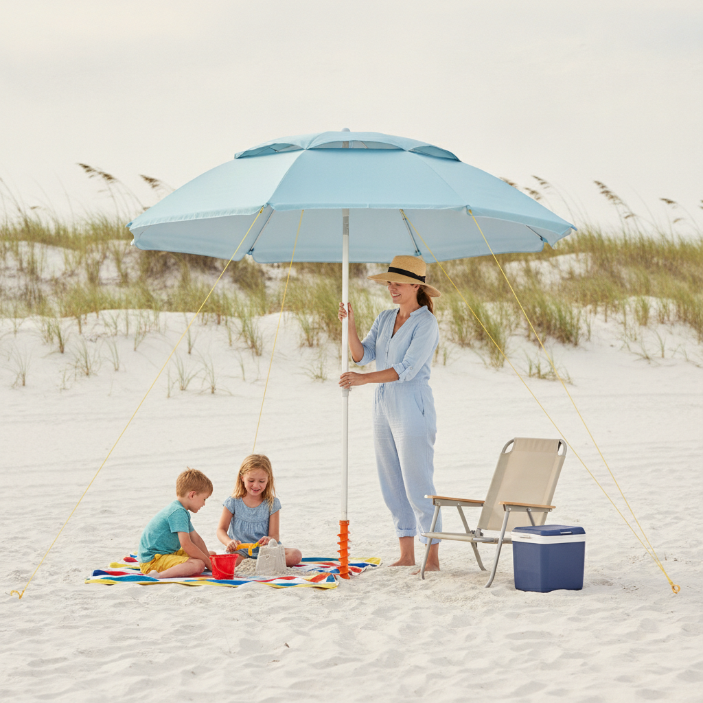 Family setting up a ventilated beach umbrella with a sand screw anchor and guy lines on a breezy day at Navarre Beach, Florida