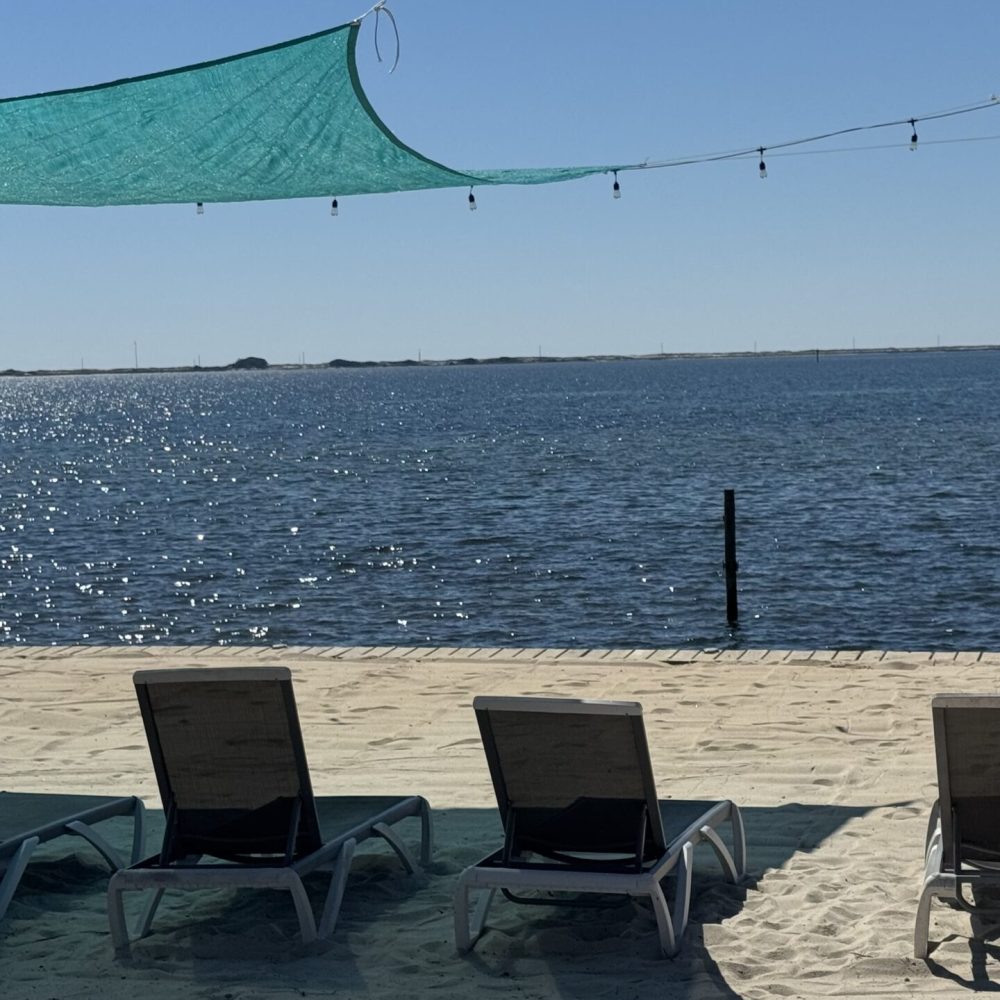 Four empty lounge chairs face a calm, sunlit body of water with a dock and shade canopy overhead on a sandy beach.