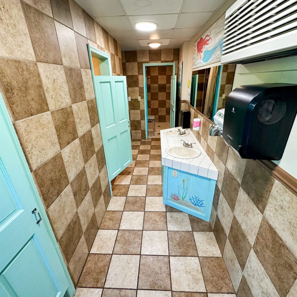 A public restroom with checkered tile walls and floor, two light blue doors, a sink with ocean-themed décor, a soap dispenser, and a paper towel dispenser.